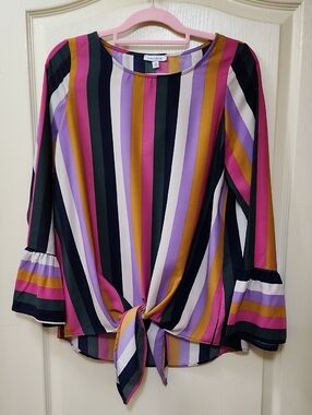 WHITE BIRCH MULTICOLOR VERTICAL STRIPE TIE-FRONT BLOUSE
